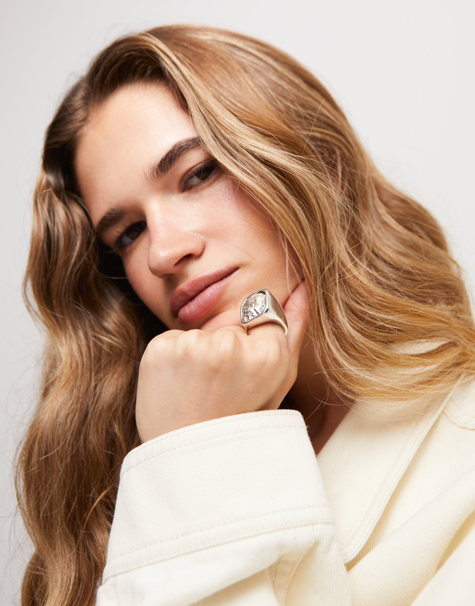 Square shape ring with crystal, Silver, large thumbnail
